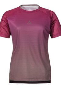 Kurzärmliges Sportshirt, Farbverlauf von Dunkelrosa zu Hellrosa, aus atmungsaktivem Stoff mit einem dezenten strukturierten Muster und rundem Ausschnitt.