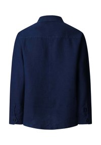 Mørk marineblå langærmet jakke med klassisk krave og manchetter med knapper, vist bagfra på en hvid baggrund.