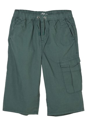 Grønne knælange cargoshorts med elastisk talje, snor til at stramme, sidelommer og en klaplomme på højre ben.