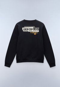 Sudadera negra con escote de barco y puños acanalados. Presenta un diseño gráfico en texto beige y naranja en la parte posterior. Textura suave.
