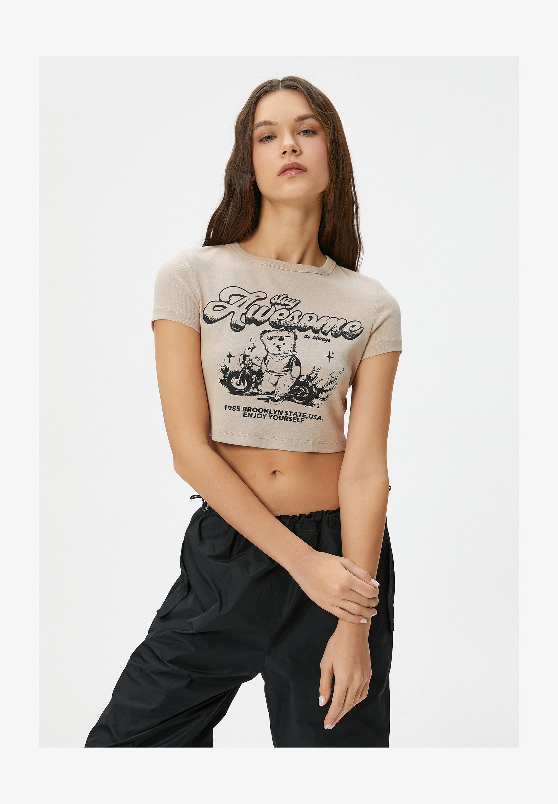 Koton T-Shirt Donna Manica Corta Girocollo In Cotone - Taglia 3XL, Colore Beige (050) - Maglietta Basic Lavabile In Lavatrice