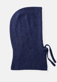 Navy blue knitted balaclava made of fuzzy wool, featuring a rounded top and ties on the side for secure fitting.