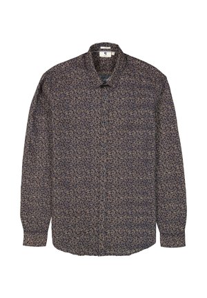 Langsleeve shirt in marineblauw met een beige bladenpatroon. Voorzien van een knoopsluiting aan de voorkant en een klassieke kraag. Gemaakt van lichtgewicht stof.