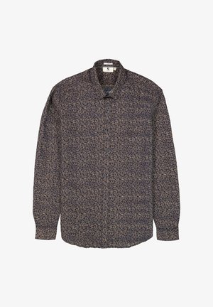 Langsleeve shirt in marineblauw met een beige bladenpatroon. Voorzien van een knoopsluiting aan de voorkant en een klassieke kraag. Gemaakt van lichtgewicht stof.