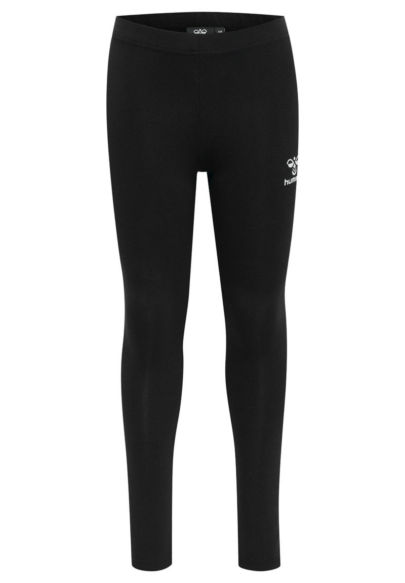 Leggings noirs en tissu extensible, avec un design ajusté et un logo brodé sur la hanche. Texture lisse avec une ceinture élastique.
