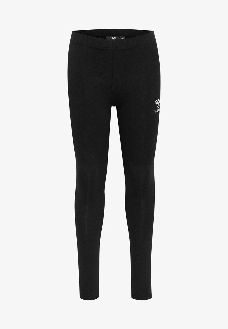 Czarne legginsy wykonane z rozciągliwego materiału, o dopasowanym kroju i haftowanym logo na biodrze. Gładka tekstura z elastycznym pasem.