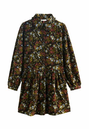 Long-sleeve black dress with a ruffled collar, button front, gathered waist, and a floral pattern in red, blue, and green.