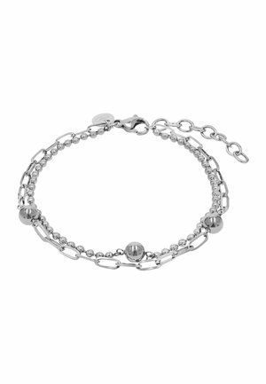 Dubbelzilveren armband met kleine ronde kralen en schakels, voorzien van drie grotere bolvormige kralen en een karabijnsluiting.