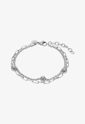 Pulsera de plata de doble capa con pequeñas cuentas redondas y eslabones de cadena, con tres cuentas esféricas más grandes y un cierre de langosta.