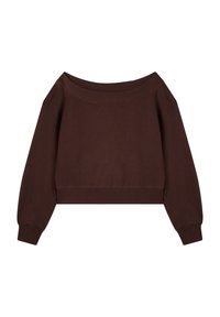 Felpa corta marrone con scollo a barca ampio, maniche lunghe a sbuffo e polsini a coste. Tessuto morbido con una consistenza liscia, dettagli minimi.
