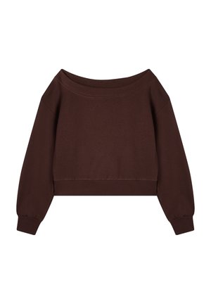 Brązowa krótka bluzka z szerokim dekoltem w łódkę, długimi bufkami i ściągaczami. Miękka tkanina o gładkiej fakturze, minimalne detale.