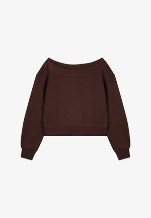 Brązowa krótka bluzka z szerokim dekoltem w łódkę, długimi bufkami i ściągaczami. Miękka tkanina o gładkiej fakturze, minimalne detale.