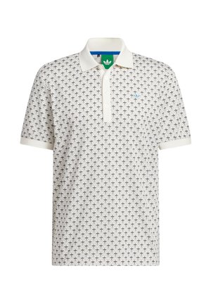 Weißes Poloshirt mit kleinem schwarzem Blumenmuster, weißem Kragen und Bündchen, Drei-Knopf-Leiste und kleinem blauem Logo auf der Brust.