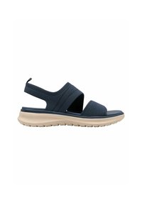 Marineblaue Sandale mit einer strukturierten Stoffoberfläche, verstellbarem Riemen und beiger Gummi-Außensohle mit einem Profil für besseren Halt.