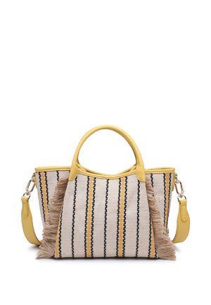Borsa a mano rettangolare intrecciata con righe verticali nere e gialle, frange color cuoio ai lati, manici in pelle gialla e tracolla removibile.