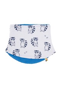 Collare in cotone con illustrazioni di procioni in navy su sfondo bianco, con un morbido interno in pile azzurro e etichetta laterale.