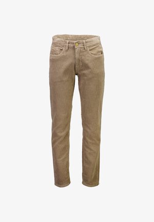 Beige Cordhosen mit fünf Taschen, einem Knopfverschluss und geradem Beinansatz. Der Stoff hat eine gerippte Textur.