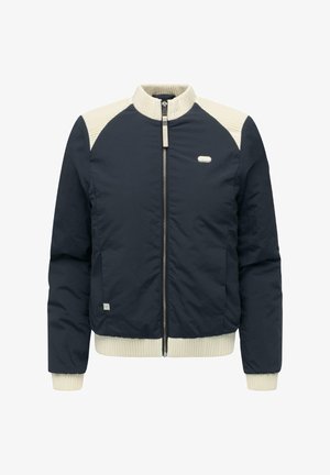 Laivastonsininen bomber-takki, jossa on kerma-valkoinen resorikaulus ja -hihansuut, edessä vetoketjukiinnitys ja teksturoitu kerma-valkoinen paneeli olkapäillä.