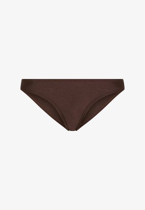 Brauner Bikini-Slip aus glattem, glänzendem Stoff, mit niedrigem Schnitt und minimalistischem Design sowie genähten Kanten.
