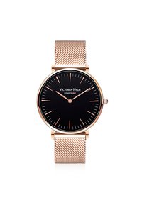 Round watch with a black dial and rose gold mesh band. Features minimalist rose gold hour markers and a simple logo at the 12 o'clock position.