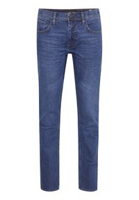 Blå denimjeans med rak bendesign, som har fem fickor, dragkedja och subtila sömnadsdetaljer på framsidan.