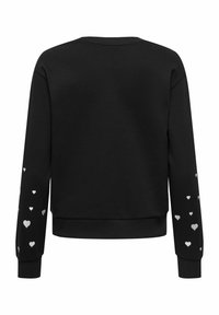 Sweat-shirt noir à col rond, manches longues, avec des motifs de cœurs argentés sur les manches. Confectionné dans un tissu doux et texturé.