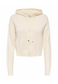 Hoodie en maille de couleur crème, manches longues, avec fermeture éclair à l'avant et cordons, poignets et ourlet côtelés, longueur raccourcie.