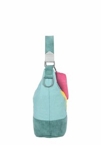 Un sac à bandoulière multicolore en tissu aqua, rose et jaune avec une base texturée verte, doté d'une large sangle et de ferrures métalliques.