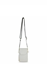Borsa a tracolla grigia chiaro realizzata in materiale sintetico, con pattina pieghevole, hardware dorato e tracolla nera removibile.