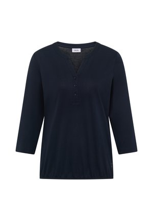 Dunkelblaue Damenbluse mit dreiviertellangen Ärmeln, rundem Ausschnitt mit V-Einsatz und drei Knöpfen vorne.