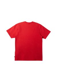 Camiseta de algodón roja con mangas cortas y un cuello redondo clásico. Espalda lisa sin estampados ni logos. Textura suave y corte casual.