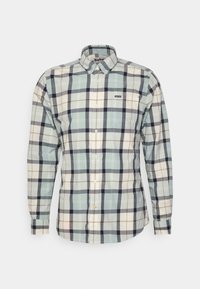 Langarm geruit overhemd van katoen, met groene, beige en marineblauwe patronen. Voorzien van een knoopsluiting kraag en een borstzak.