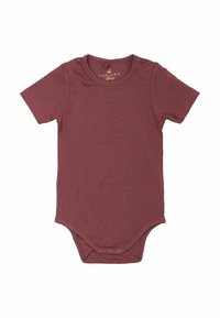 Bodysuit pour bébé à manches courtes en bordeaux, fabriqué en coton doux, avec des boutons-pression aux épaules et en bas pour un habillage facile.