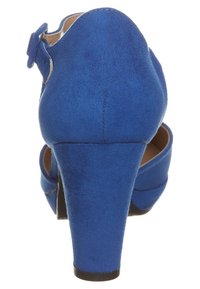 Modrá semišová vysoká bota s kulatou špičkou a širokým podpatkem, s detaily s přezkou na bocích a hladkým vnitřním podšívkami.