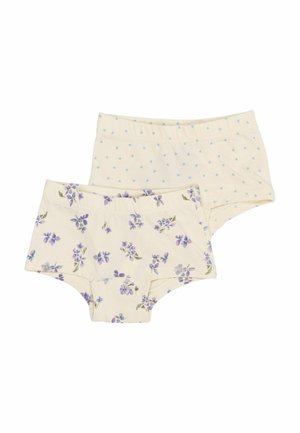 Pack of two pairs of cream cotton underwear. One pair features purple floral design; the other has a light blue heart pattern.