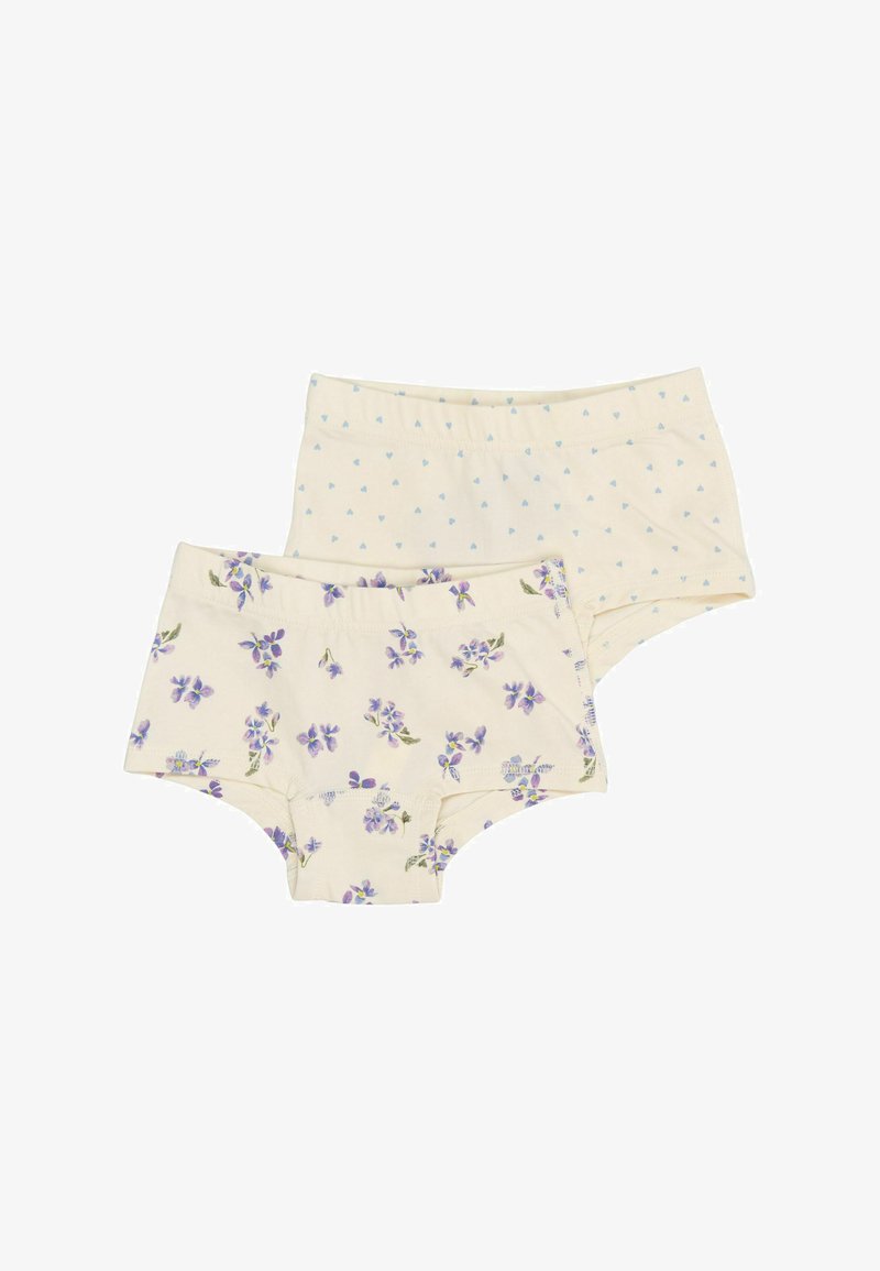 Lot de deux paires de sous-vêtements en coton crème. Une paire présente un motif floral violet ; l'autre un motif de cœurs bleu clair.