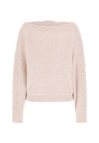 Hellrosa Strickpullover mit weitem Ausschnitt, strukturierter Musterung an den Ärmeln und geripptem Saum. Verfügt über lange Ärmel und weichen Stoff.