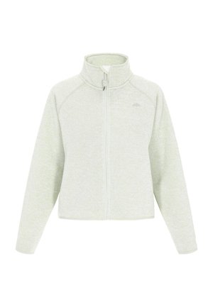 Hele roheline tõmbluku jao jack, mis on valmistatud tekstuursetest materjalidest, kõrge krae ja raglanvarrukatega, ning rinna peal on peen logo.