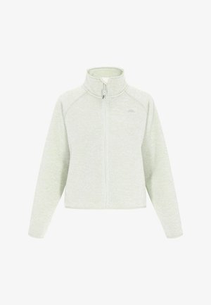 Hele roheline tõmbluku jao jack, mis on valmistatud tekstuursetest materjalidest, kõrge krae ja raglanvarrukatega, ning rinna peal on peen logo.