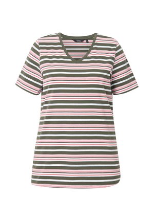 Pruhované tričko s výstřihem do V. Barvy zahrnují olivovou zelenou, bílou, růžovou a světle modrou. Krátké rukávy a měkká textilie.