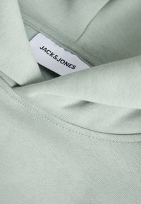 Felpa in cotone verde chiaro con un design classico, dotata di cappuccio regolabile con coulisse e un'etichetta con la scritta "JACK & JONES." Texture morbida.