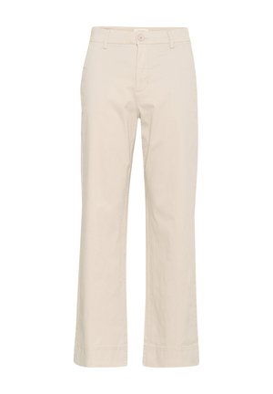 Béžové bavlnené nohavice priameho strihu s gombíkovým uzáverom, pútkami na opasok a detailmi pri stehnách. Hladká textúra a minimalistický dizajn.