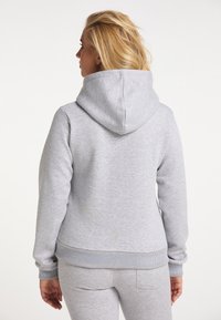 Grijze hoodie gemaakt van zacht materiaal, met een relaxte pasvorm, geribde manchetten en een kangoeroezak aan de voorkant.