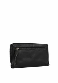 Portafoglio in pelle nera con finitura testurizzata, chiusura con cerniera e tasca esterna con zip. Caratterizzato da un design minimalista e sottili dettagli in metallo.