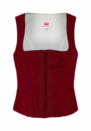 Burgunderfarbene Zip-Weste mit quadratischem Ausschnitt, aus strukturiertem Material, mit floraler Stickerei über die Mitte und einem glatten Innenfutter.