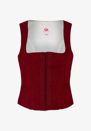 Bordeaux ritsvest met een vierkante halslijn, voorzien van textuurstof, bloemenbroderie in het midden en een soepele binnenvoering.