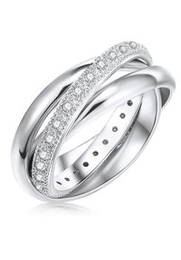 Anello d'argento con tre bande intrecciate, una delle quali è incastonata con pietre scintillanti, texture liscia e finitura lucida.