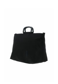 Sac cabas noir à forme structurée, en tissu texturé, avec une poignée ronde et un branding discret sur le côté.