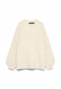 Pull en tricot couleur crème avec encolure en V, motif texturé à pois en relief, manches longues ballon, et finitions côtelées aux poignets et à l'ourlet.