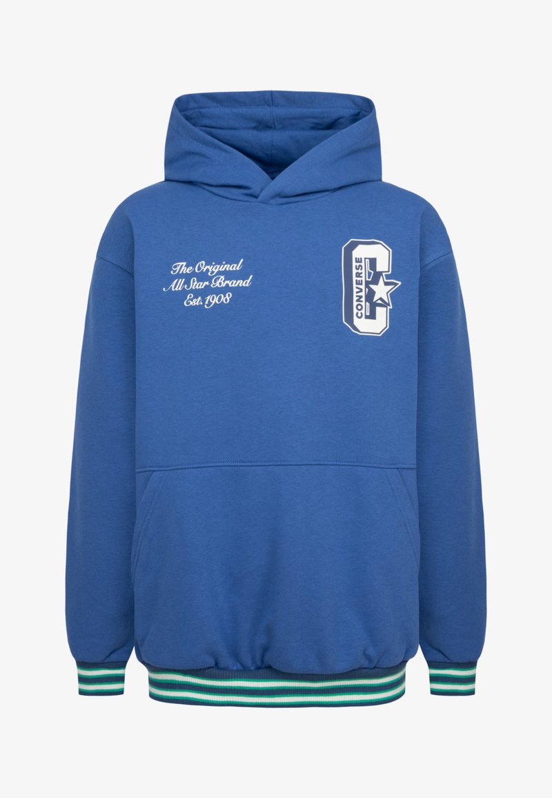 Felpa blu realizzata in morbido tessuto, con tasca frontale, polsini a coste, orlo a righe e logo stampato sul petto e sulla manica.